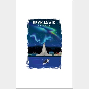 Reykjavik Iceland northern lights Travel Poster Posters and Art